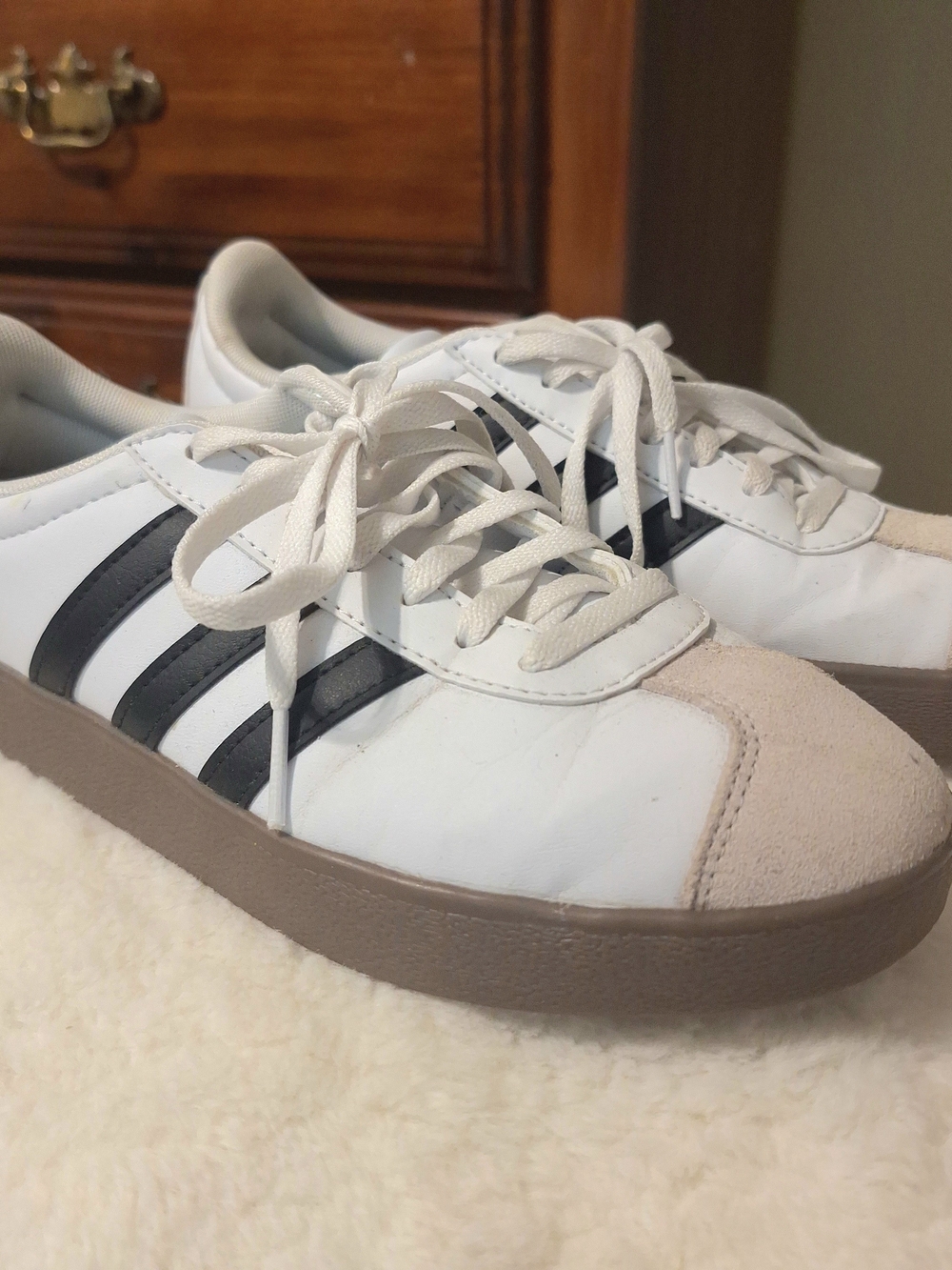Women's adidas White Sneakers with Black Stripes and Taupe Sole